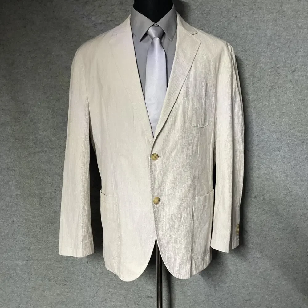 Joseph Abboud Mens XXL Cream Seersucker Sport Coat Blazer Cotton Stretch 2 Btn